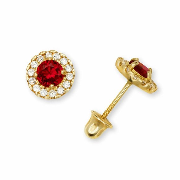 Solid 14K Yellow Gold Halo Birthstone Stud Screw Back Earrings w/ Sparkly Stones - Picture 1 of 12